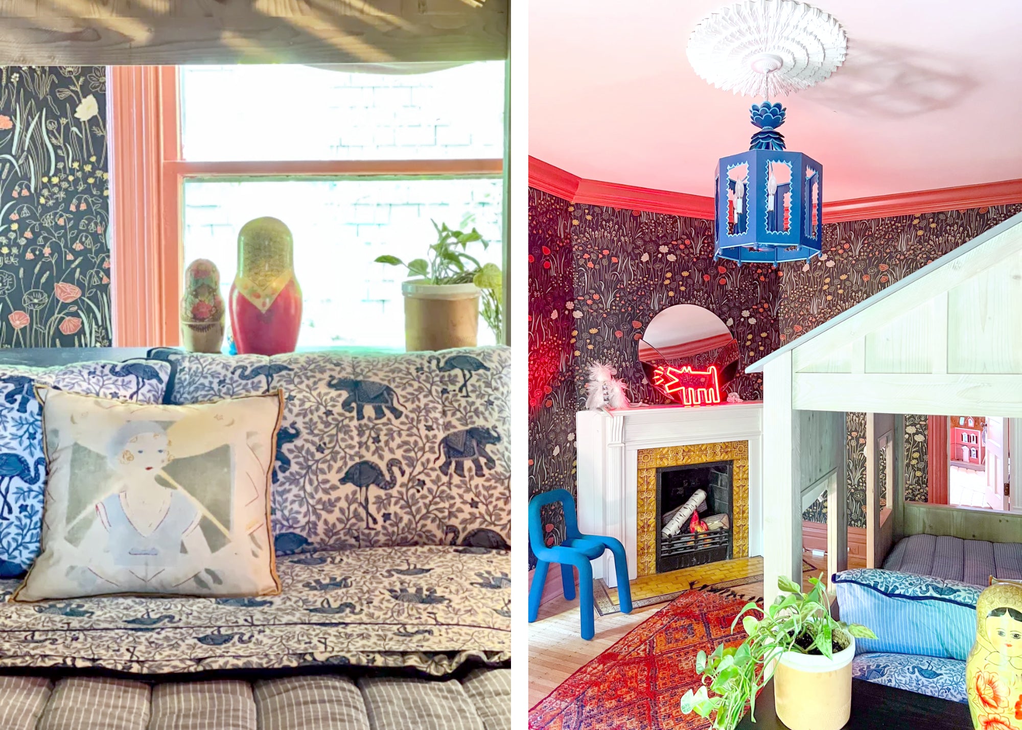 Collage showing a patterned sofa by a window and a colorful room with wallpaper, fireplace, pendant light, and lofted bed.