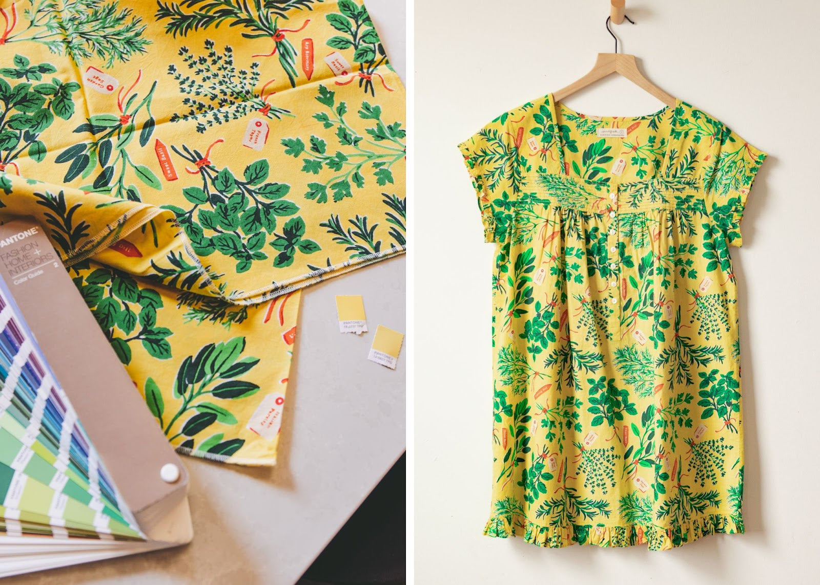 Two-panel image showing a botanical-print yellow garment with color swatches and the finished garment hanging on a wooden hanger.