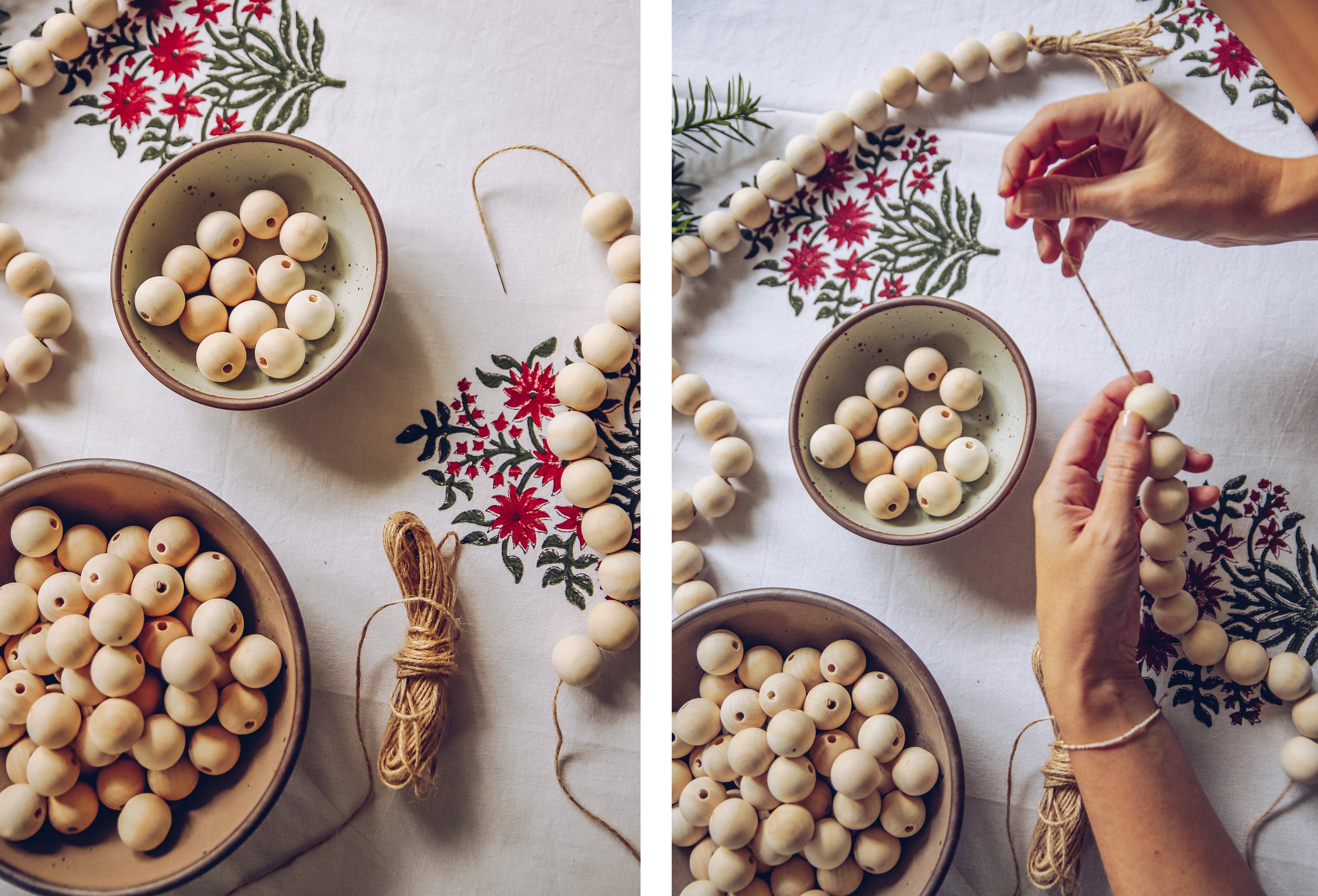 Two-panel overhead view of wooden beads, bowls, cord, and hands threading beads on an embroidered cloth.