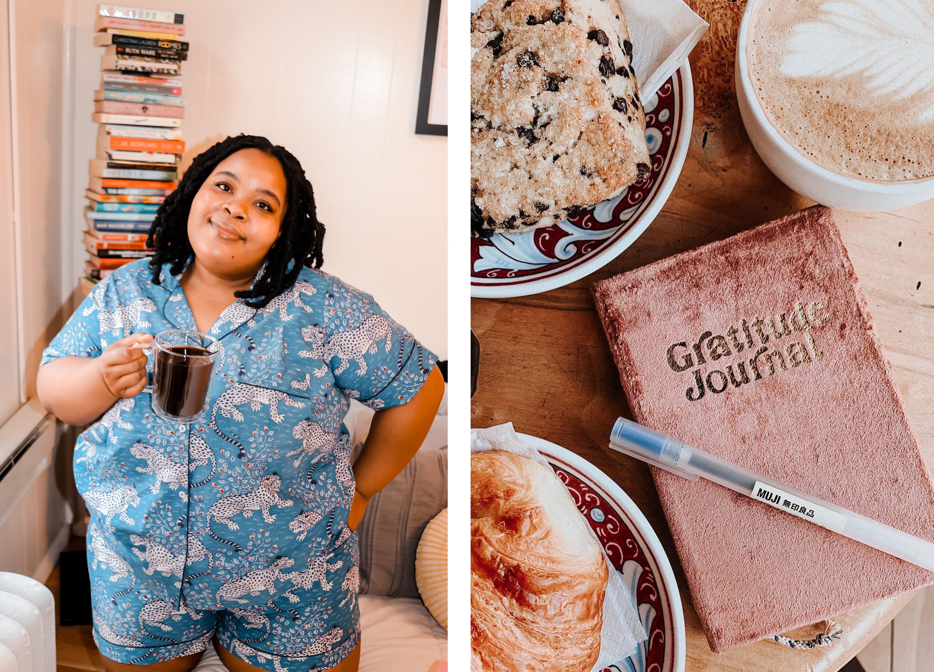 Collage of a person holding a mug beside an overhead scene with coffee, pastries, a journal, and a pen.