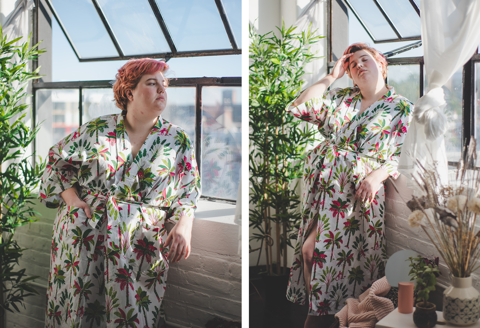 Two-panel portrait of a person wearing a white floral robe in a bright windowed room.