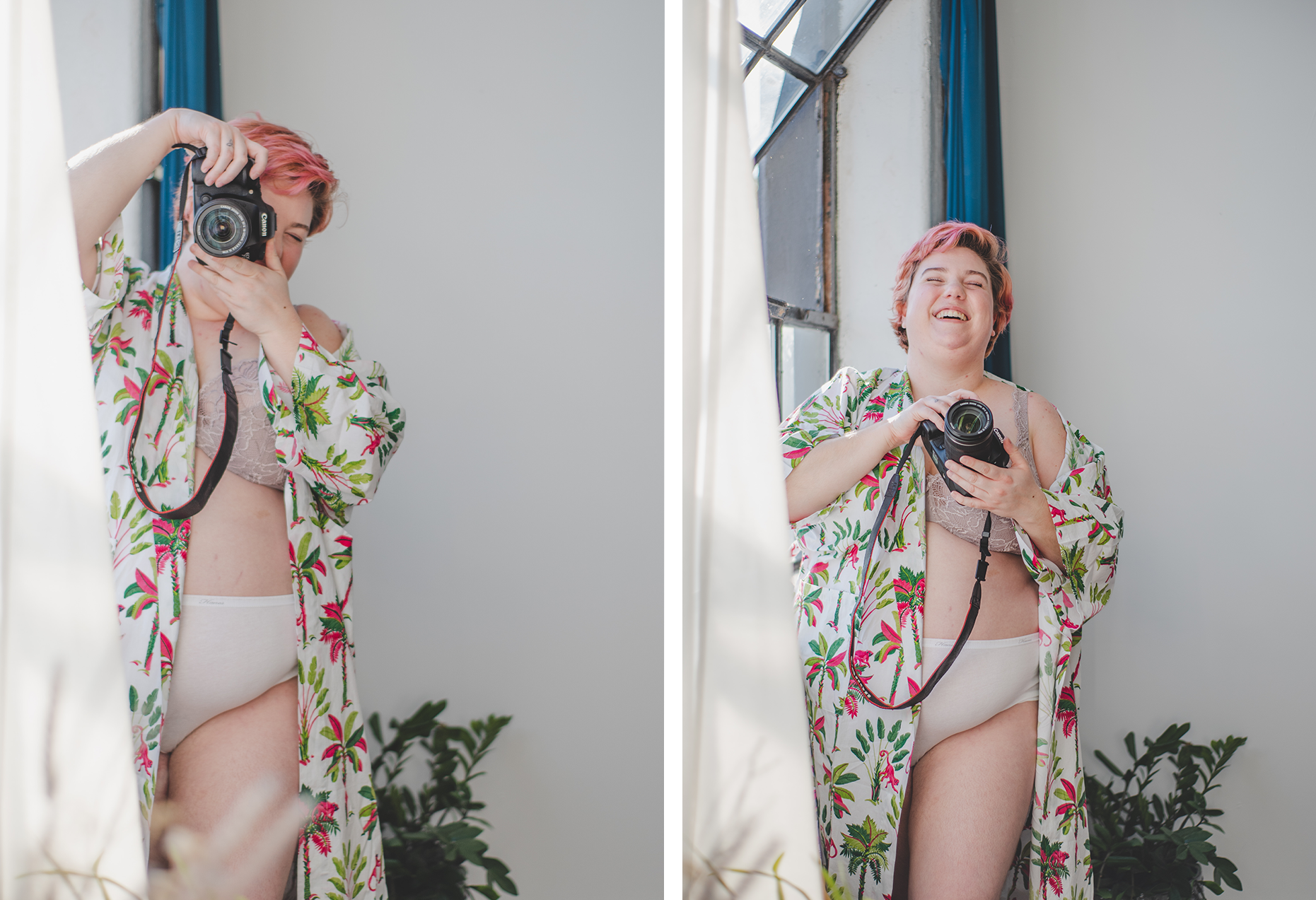 Two-panel mirror portrait of a person holding a camera while wearing an open floral robe over light-colored underwear.